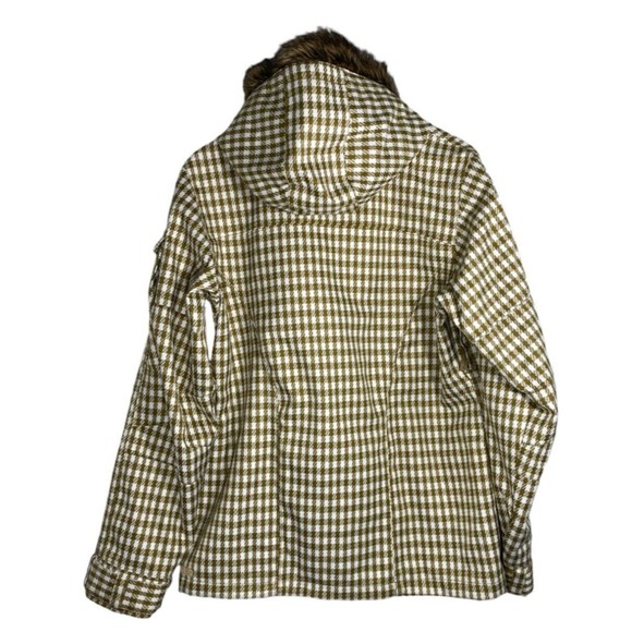 Roxy 5000 Snow Jacket Women Large Gold Cream Checkered Fur Hood Long Sleeve - Picture 2 of 15